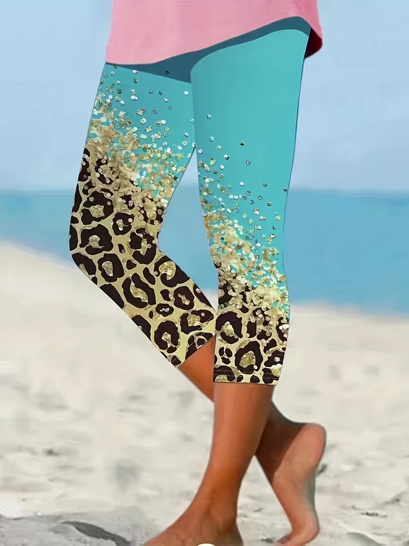 Leopard Print Skinny Capris Leggings Elastic Waist Cropped Leggings