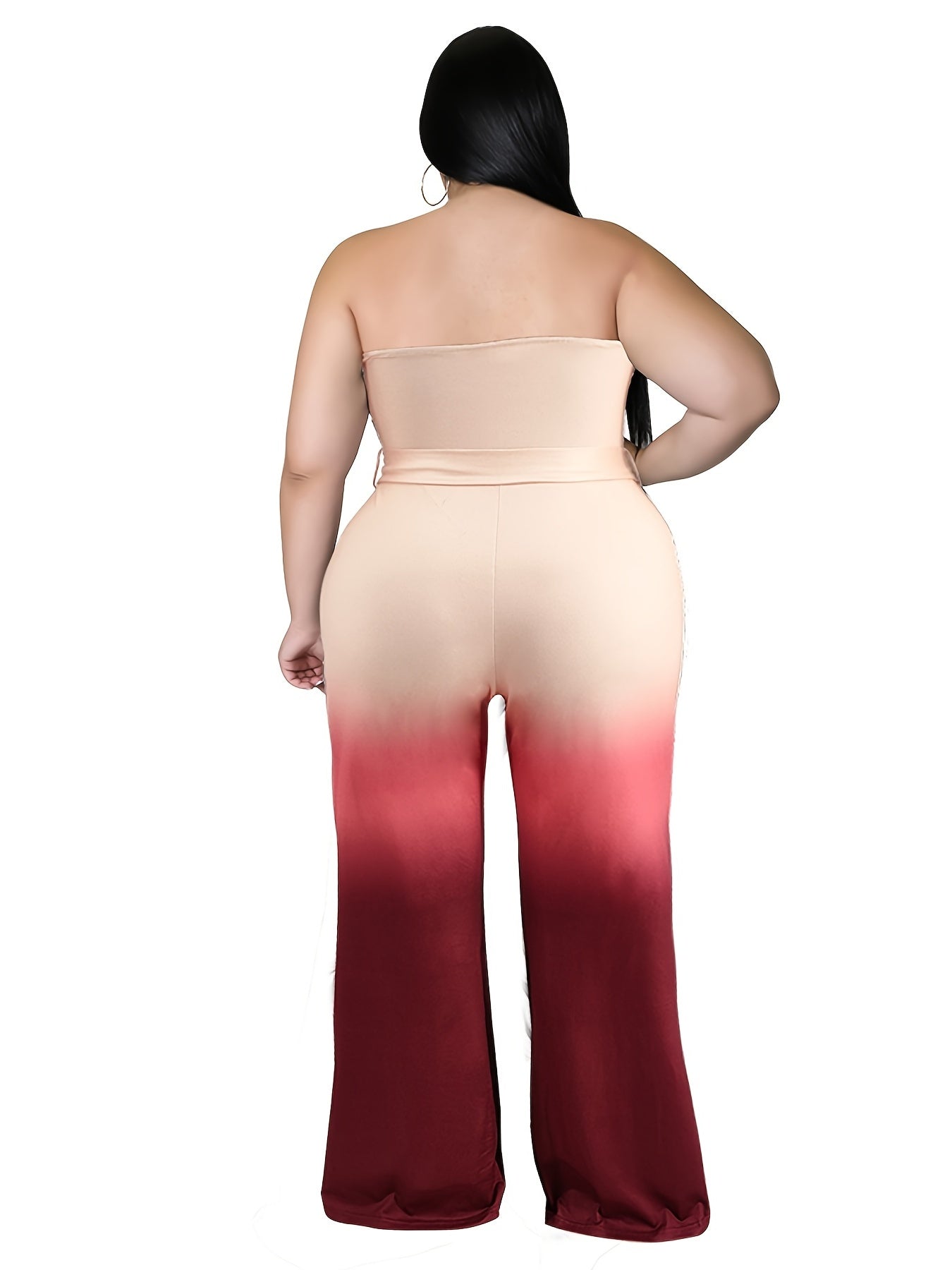 Ombre Print Strapless Flared Leg Jumpsuit With Belt Plus Size