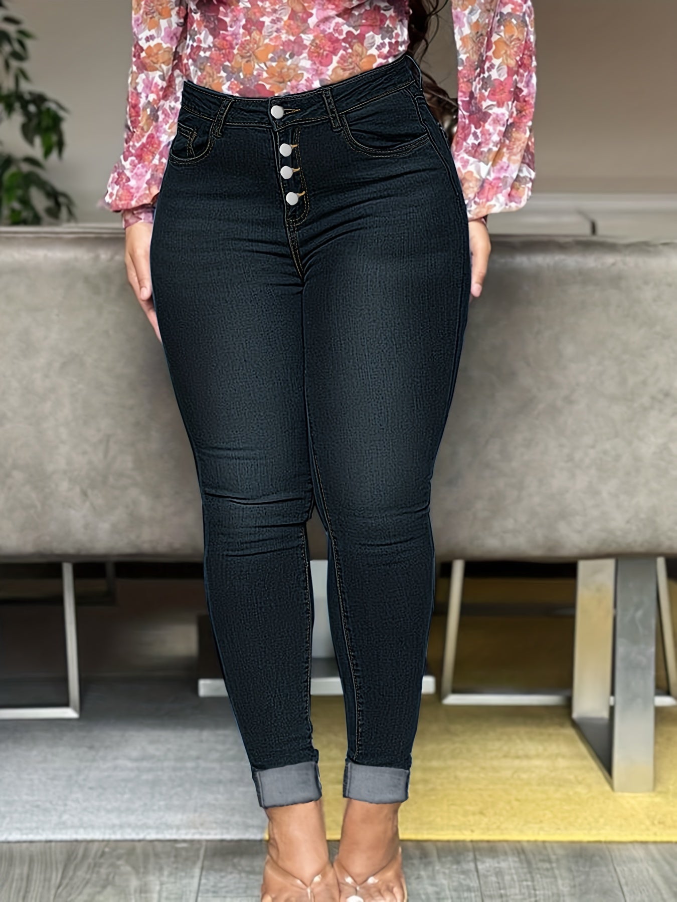 Button Skinny Jeans Slash Pockets Slim Fit Denim Pants