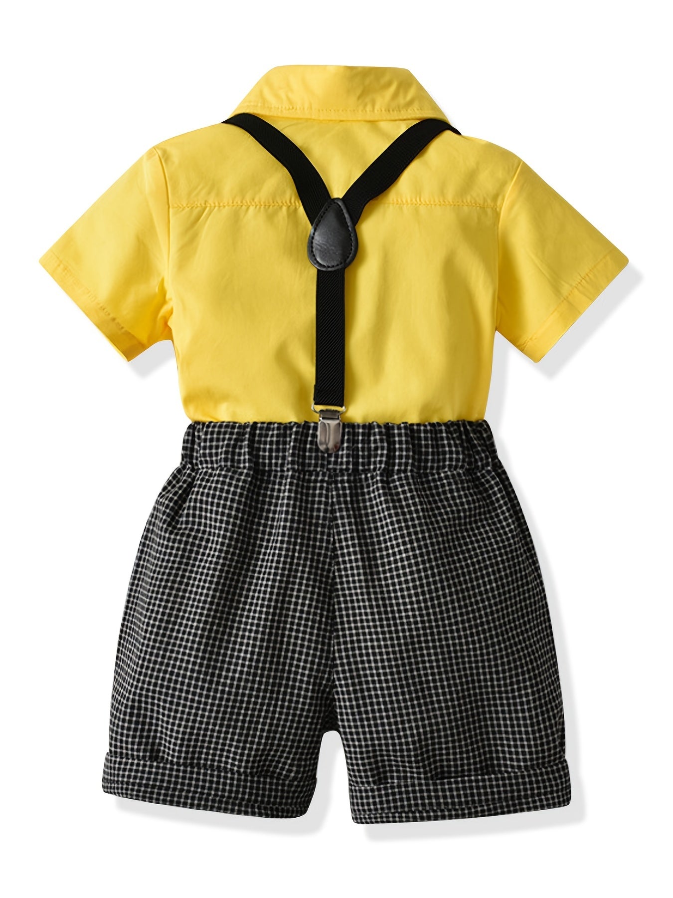 Boys Gentleman Outfit Short Sleeve Bowtie Shirt & Suspender Plaid Shorts Set
