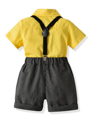 Boys Gentleman Outfit Short Sleeve Bowtie Shirt & Suspender Plaid Shorts Set