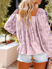 Casual Blouse Women's Plus Solid Floral Textured Lantern Sleeve