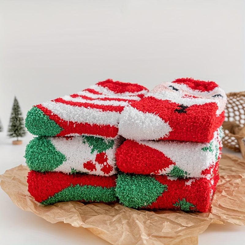 6 Pairs Cartoon Fuzzy Socks Comfy & Warm Christmas Mid Tube Socks