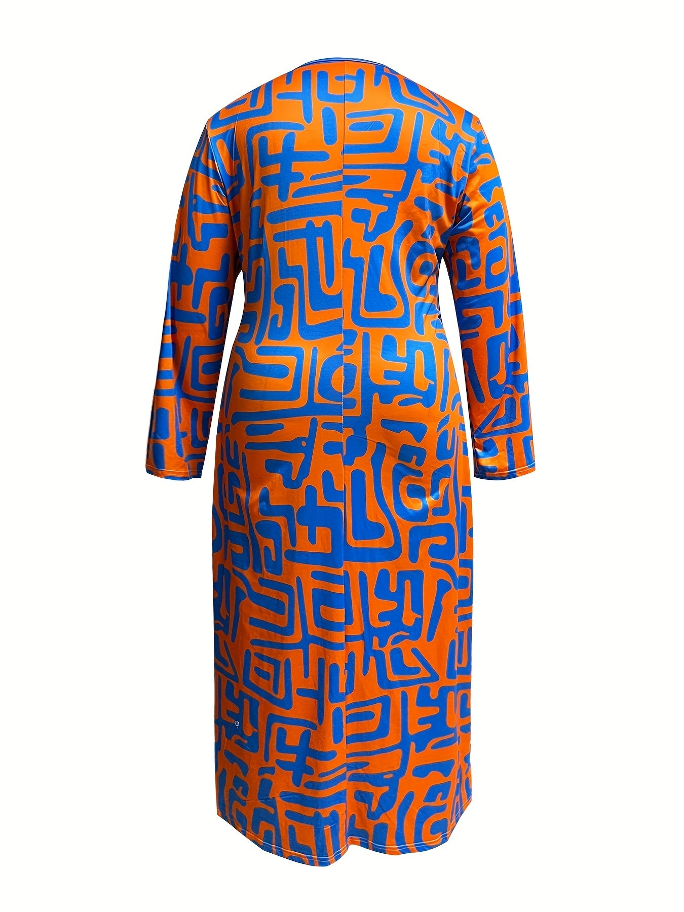 Allover Print Long Sleeve Round Neck Split Dress