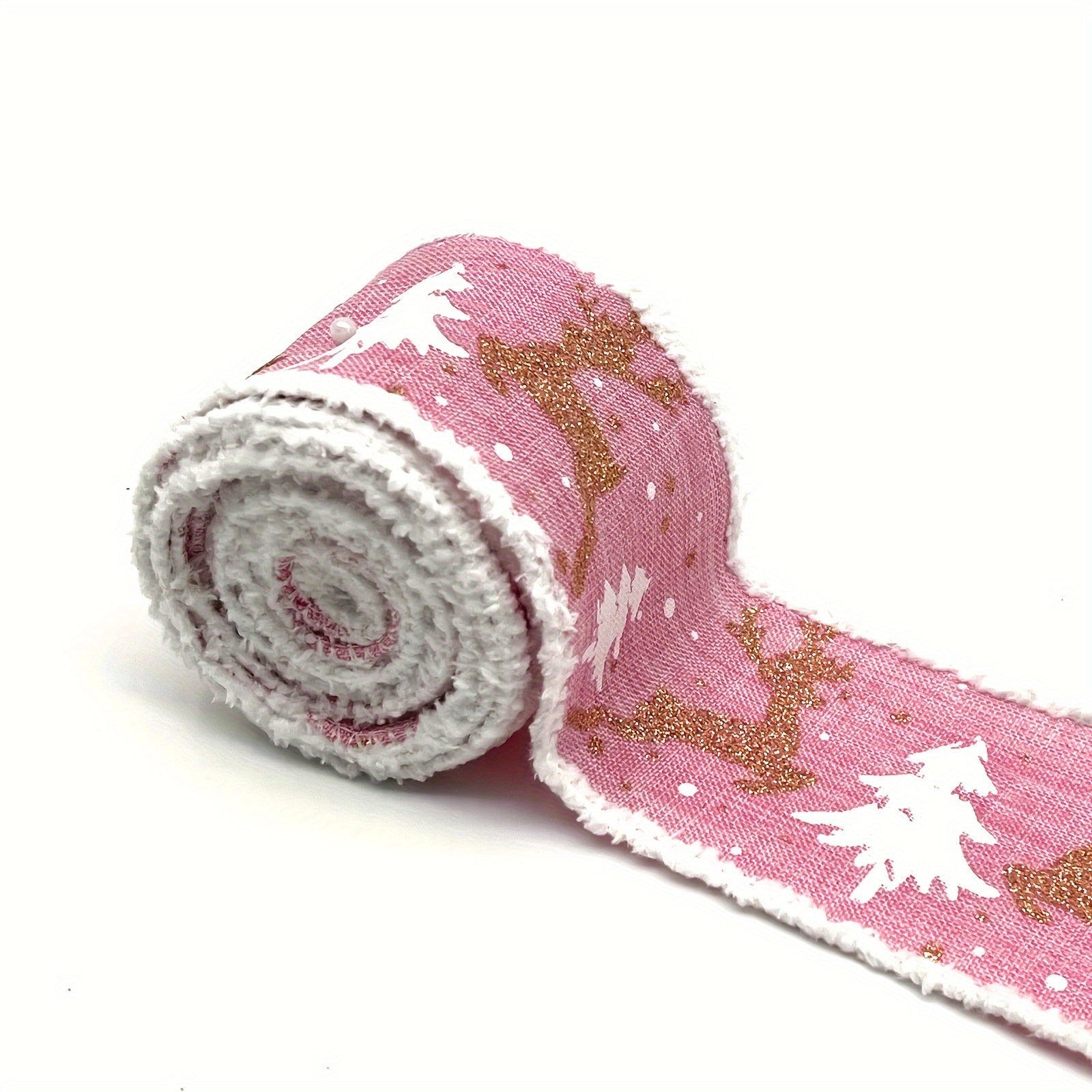 4.57m Pink Christmas Tree Burlap Ribbon with Wired Edge, Elk and Snowflake