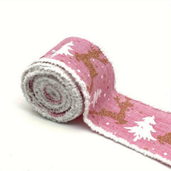 4.57m Pink Christmas Tree Burlap Ribbon with Wired Edge, Elk and Snowflake