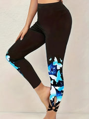 Butterfly Print Cut Out Leggings Casual High Waist Skinny Leggings