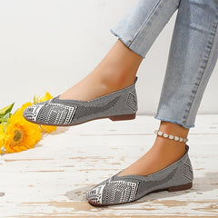 Women's Knitted Square Toe Flat Shoes Breathable Slip On Casual Walking Shoes