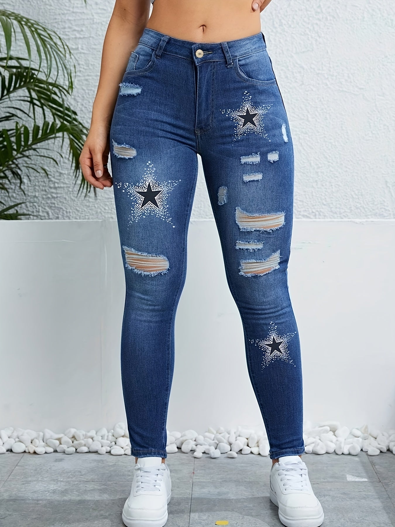 Star Pattern Ripped Holes Skinny Jeans Slim Fit