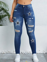 Star Pattern Ripped Holes Skinny Jeans Slim Fit