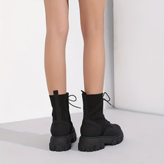 Women's Lace Up Combat Boots Solid Round Toe Platform Slim Elastic Shoes