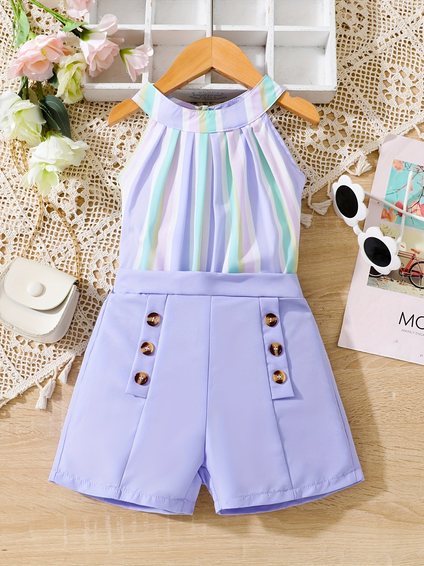 Girl's Rainbow Striped Halter Top & Button Shorts Set Beach Holiday Outfit
