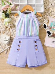 Girl's Rainbow Striped Halter Top & Button Shorts Set Beach Holiday Outfit