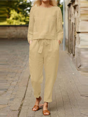 2-Piece Set: Solid Long Sleeve Top & Tapered Leg Pants