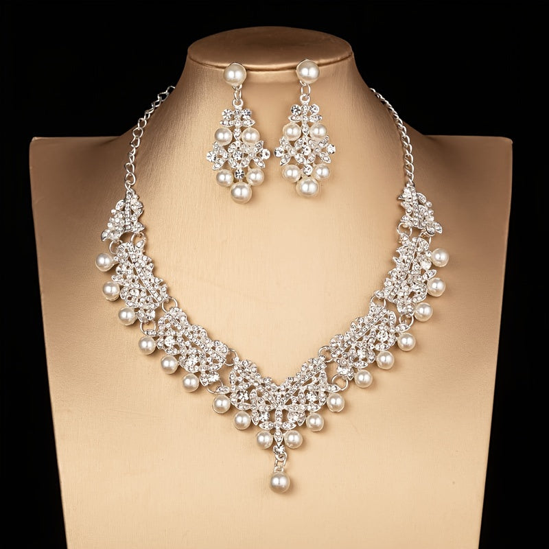 Faux Pearl Rhinestone Crown Earrings Necklace Set Princess Tiara