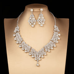 Faux Pearl Rhinestone Crown Earrings Necklace Set Princess Tiara