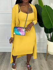 Solid Casual Two piece Set Cardigan & Midi Dress Women's Clothing