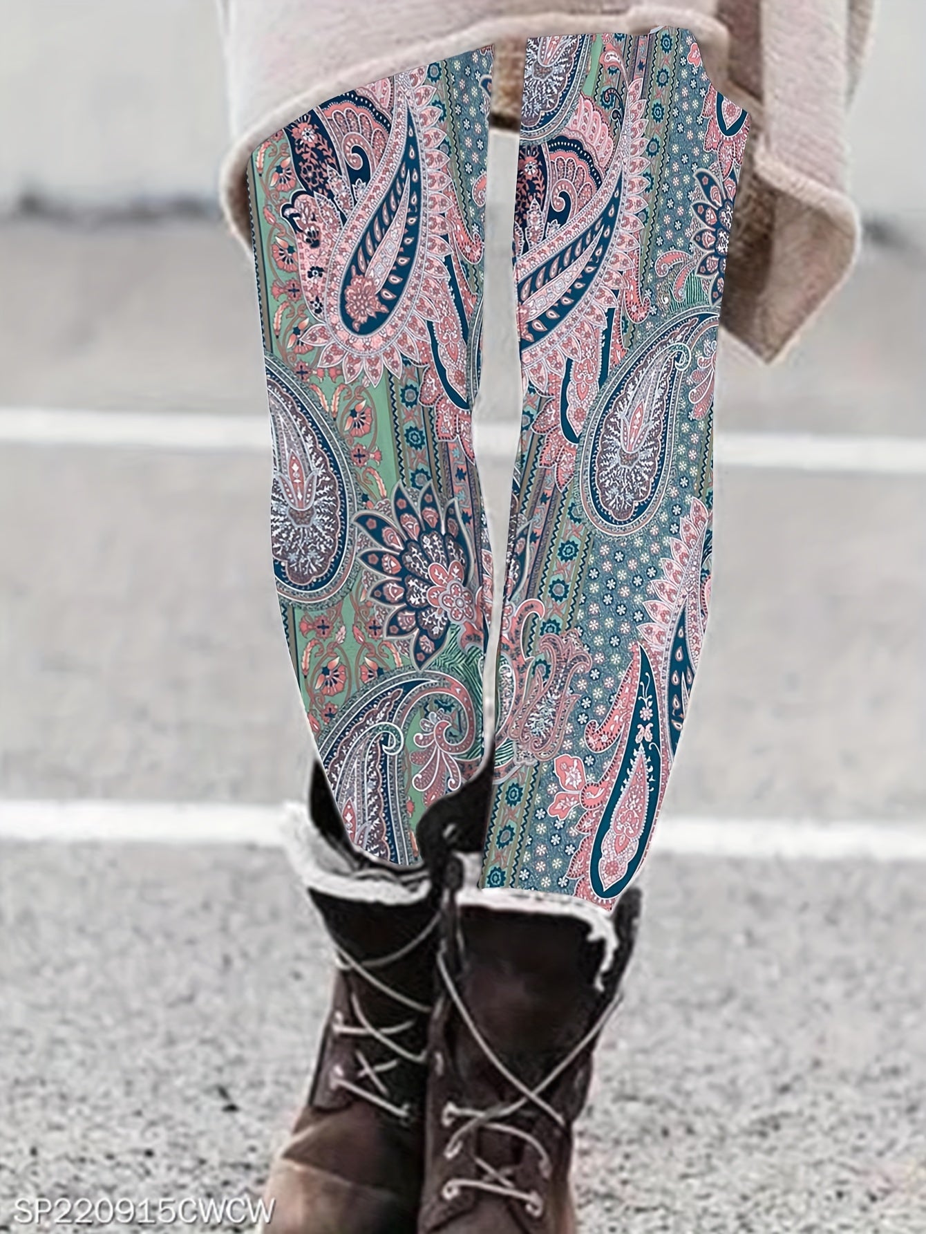 Boho Leggings Women's Plus Paisley Print Elastic High Rise