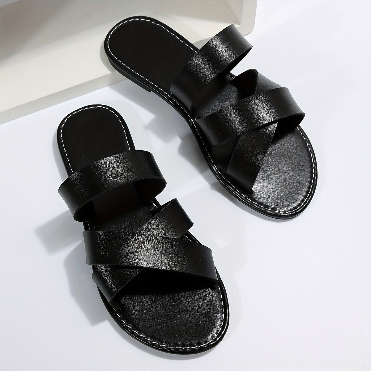 Women's Cross Strap Flat Slides Casual Open Toe Slip On Shoes Lightweight