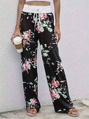 Floral Print Drawstring Pants High Waist Wide Leg