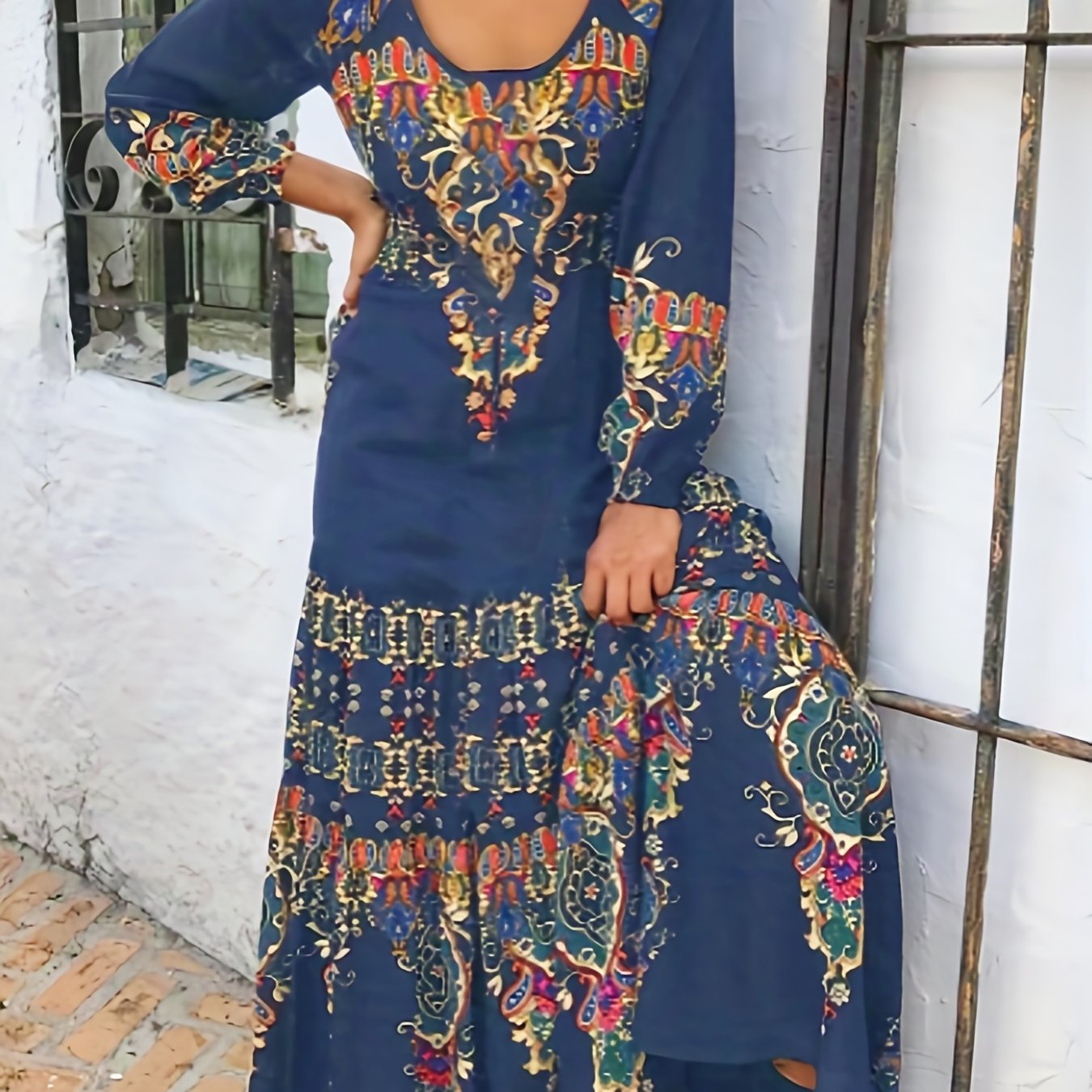 Boho Dress Women's Plus Floral Lantern Sleeve Pleated Dress