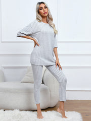 Solid Ribbed Lounge Set Short Sleeve Crew Neck Top & Elastic Waistband Pants
