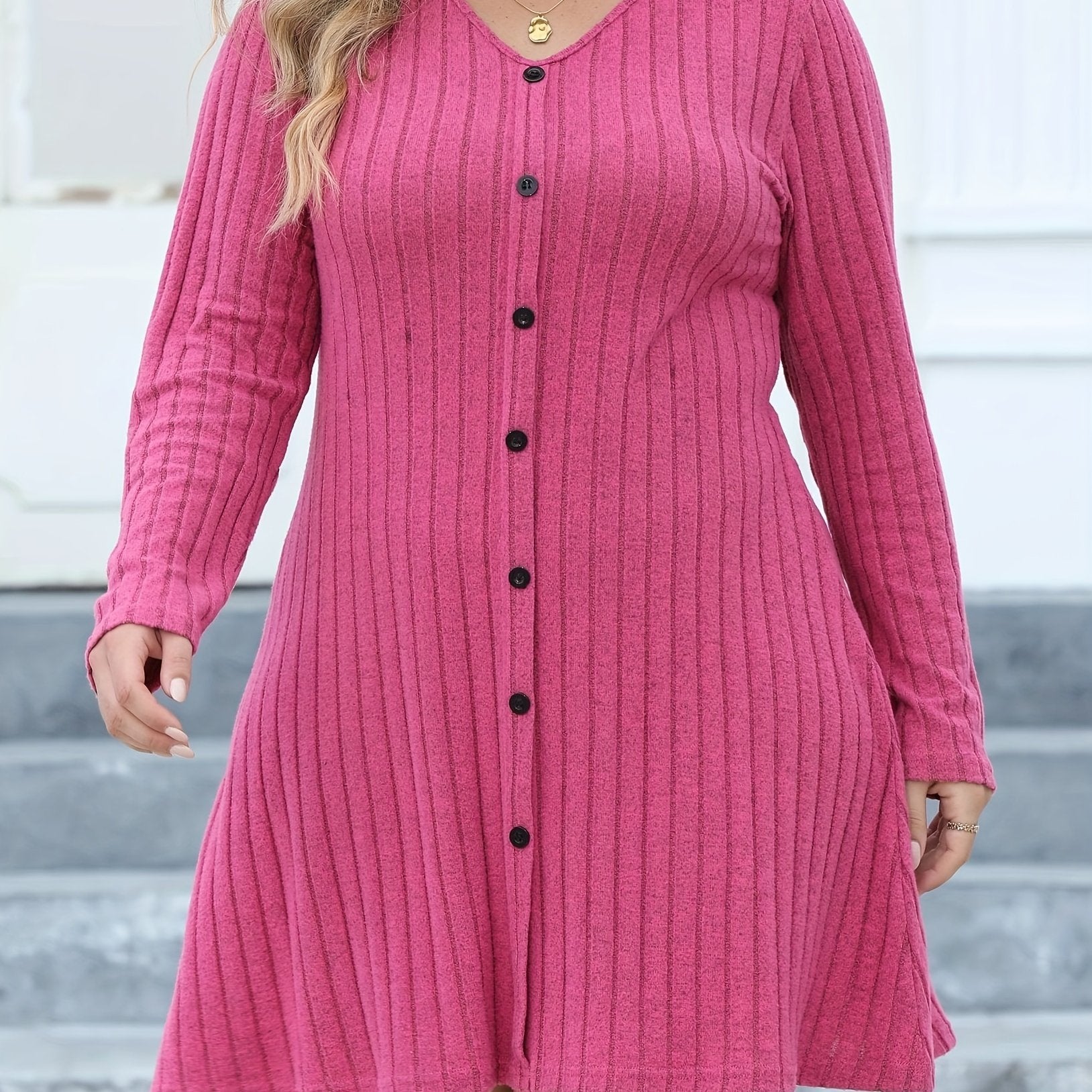 Ribbed Button Decor Long Sleeve V Neck Dress
