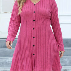 Ribbed Button Decor Long Sleeve V Neck Dress