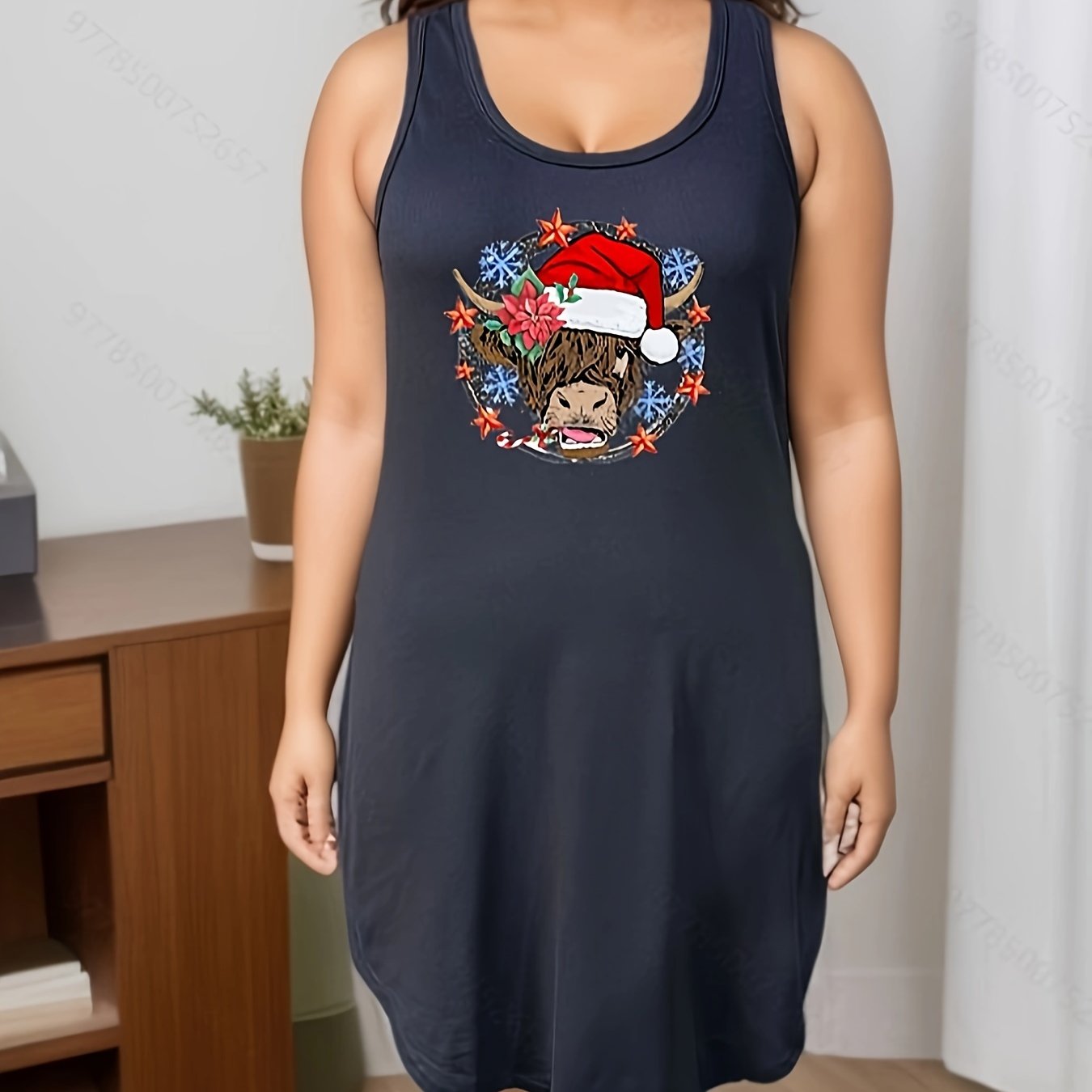 Christmas Santa Hat Cow Print Lounge Dress Women's Plus M