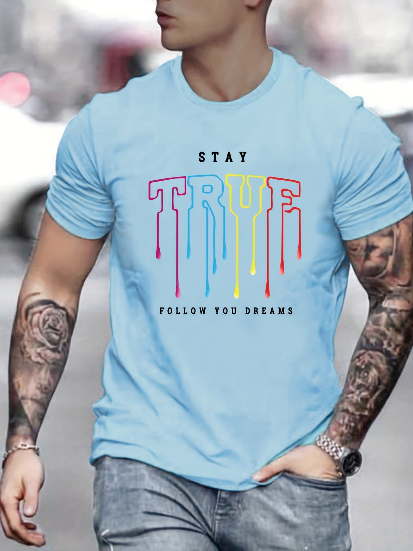 STAY TRUE Graphic Crew Neck Active T-shirt Men's Casual Comfy Tee