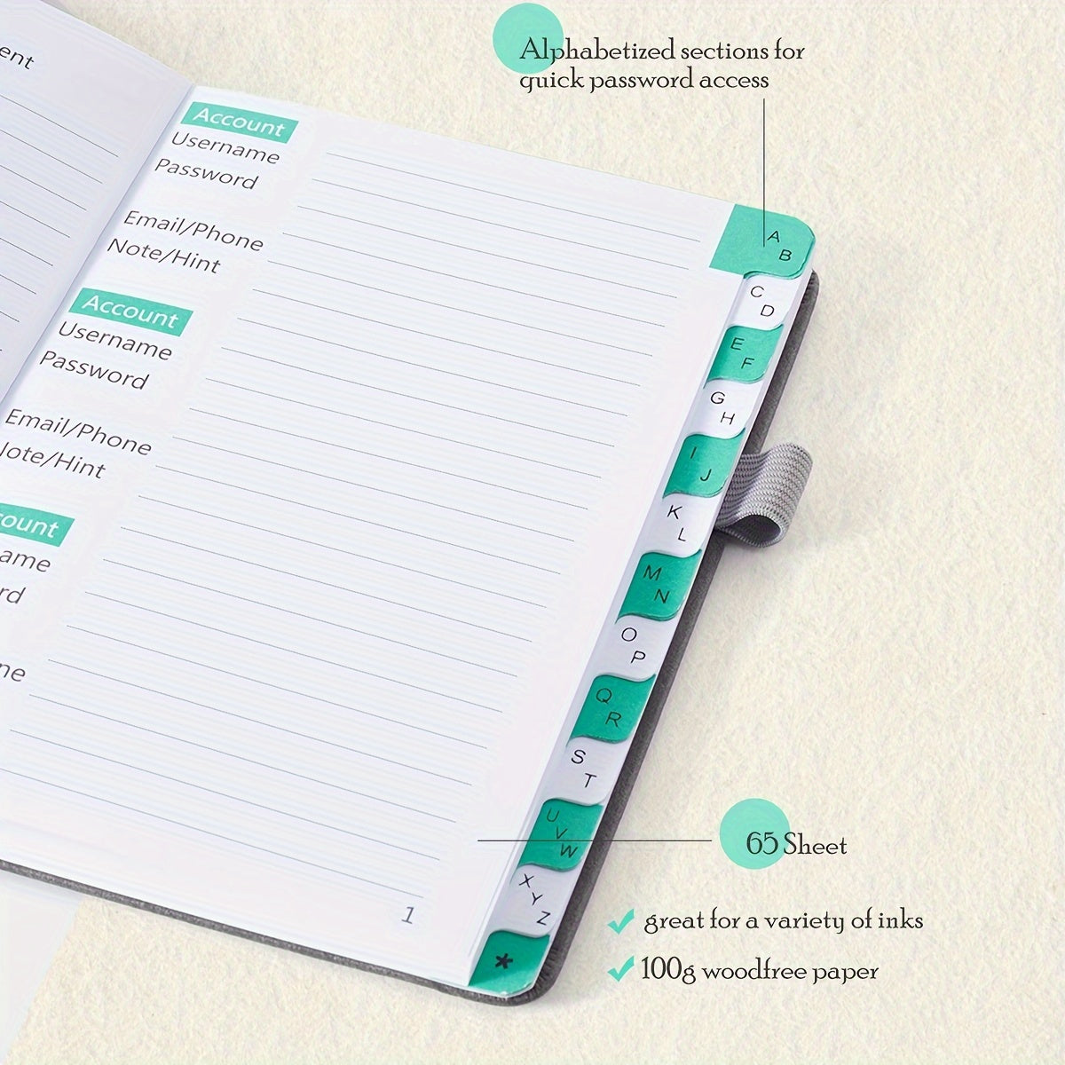 A6 PU Leather Password Book with Alphabet Tabs & Pen Holder