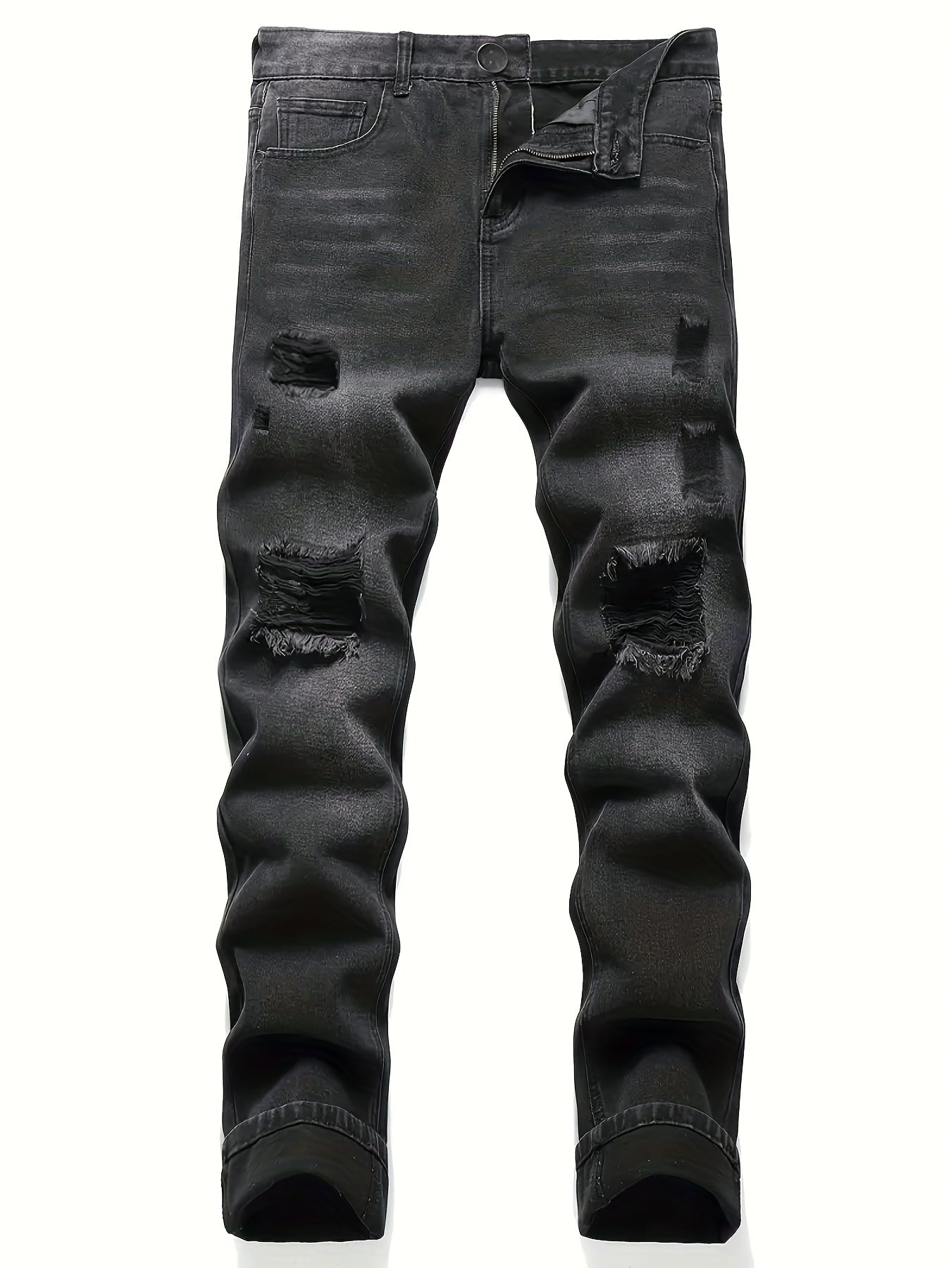 Slim Fit Ripped Jeans Mens Casual Street Style Solid Distressed Denim Pants