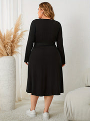 Solid Jacquard Long Sleeve Midi Dress With Belt