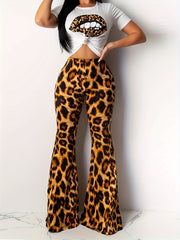 Plus Leopard Lip Print Crop Top & Flared Pants Set