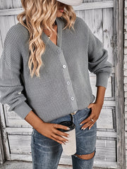 Button Front Knit Cardigan Waffle V Neck Sweater