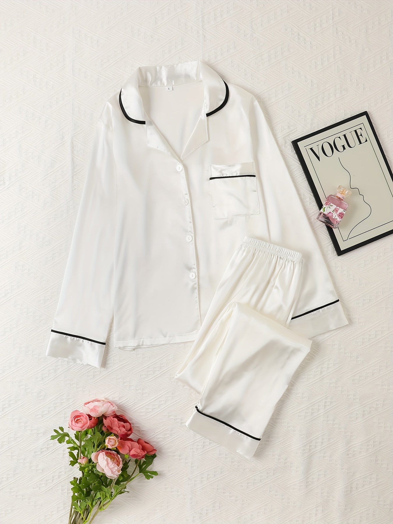Satin Pajama Set Long Sleeve Top & Pants Women's Sleepwear