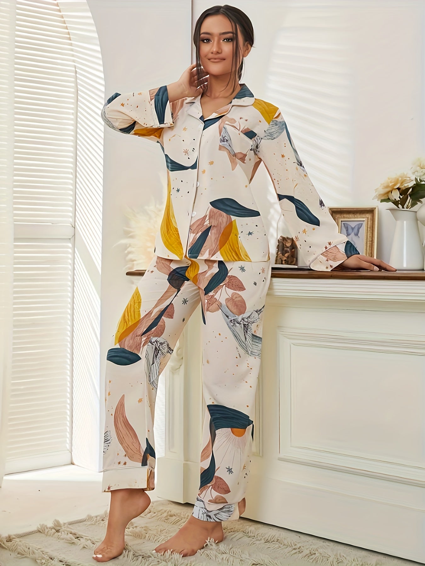 Floral Print Pajama Set Long Sleeve Top & Pants Women's Sleepwear