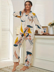 Floral Print Pajama Set Long Sleeve Top & Pants Women's Sleepwear