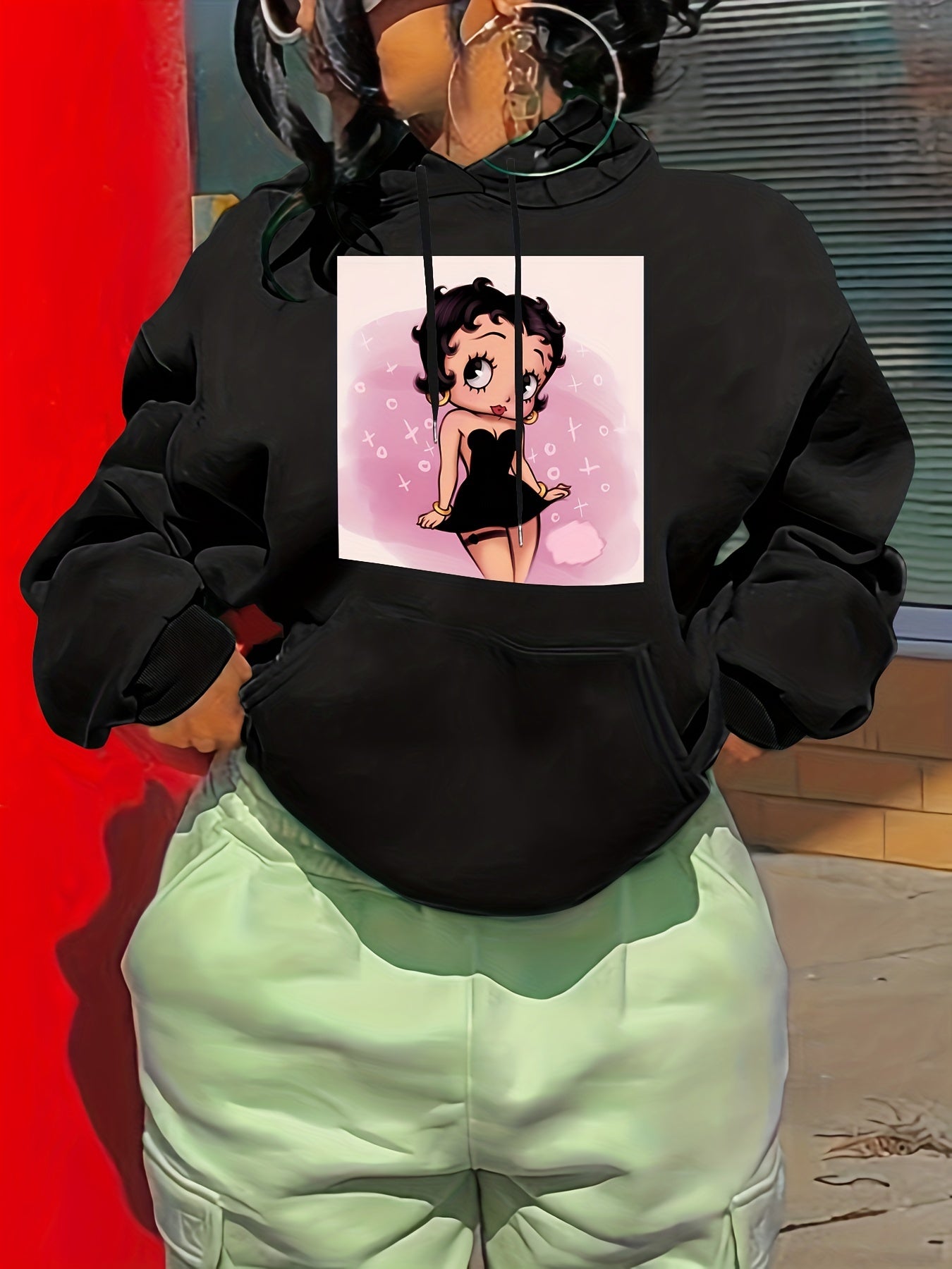 Cartoon Print Hoodie Drawstring Casual Hooded Sweatshirt
