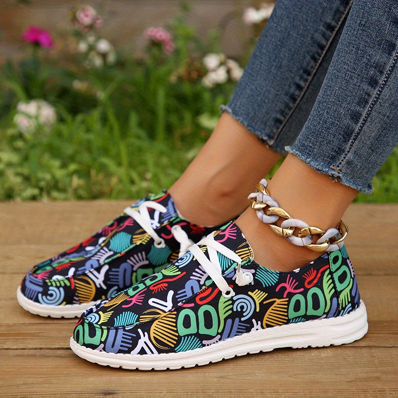 Women's Graffiti Print Flat Shoes Lace Up Casual Canvas Shoes