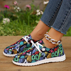 Women's Graffiti Print Flat Shoes Lace Up Casual Canvas Shoes