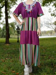 Retro Abaya Dress Women's Plus Colorful Striped Tassel Decor