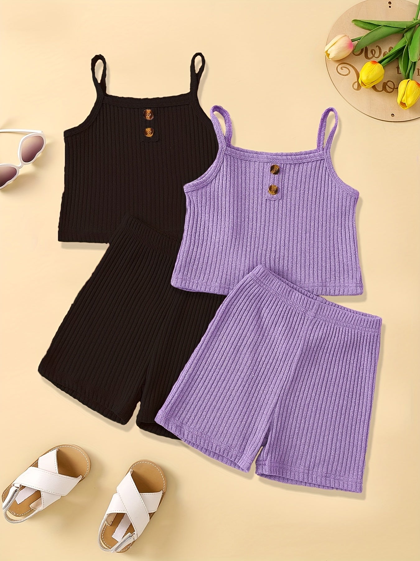 2-Piece Toddler Girl's Ribbed Knit Cami Crop Tops & Track Shorts Summer Outfit