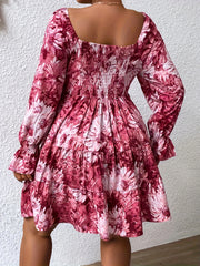 Floral Print Lantern Sleeve Sweetheart Neck Mini Smock Dress
