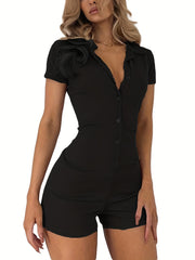 Ribbed Polo Neck Romper Jumpsuit Short Sleeve Casual