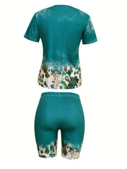 Leopard Print Two piece Set Short Sleeve T shirt & High Waist Shorts