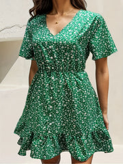 Ditsy Print Button Decor V Neck Mini Dress
