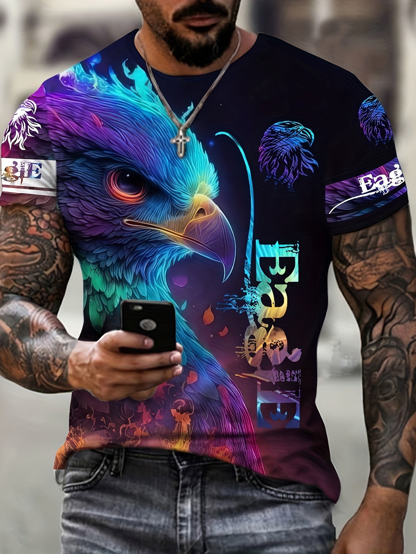 Men's Eagle Animal Print Short Sleeve T-shirt for Summer
