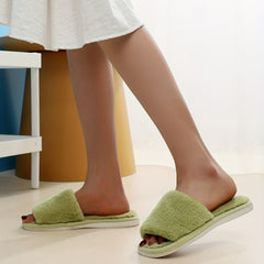 Women's Flannel Fur Soft Slippers Open Toe Slingbacks Flat Shoes