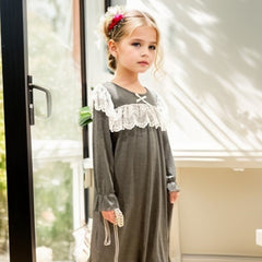 Girls Nightdress Long Sleeve Round Neck Princess Dress Lace Bow Decor